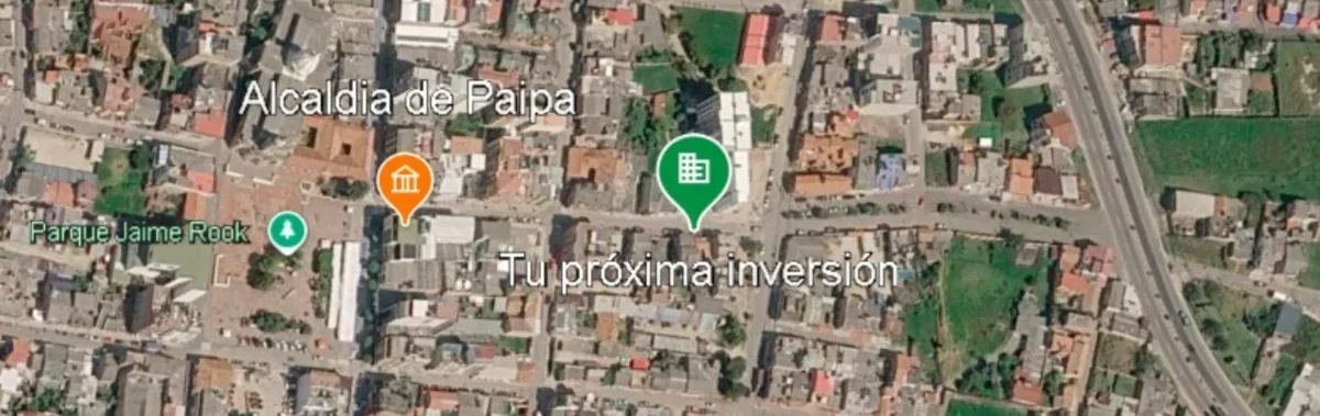 Vista aérea del centro de Paipa con la ubicación del Edificio Praga, junto a la Alcaldía de Paipa y el Parque Jaime Rook