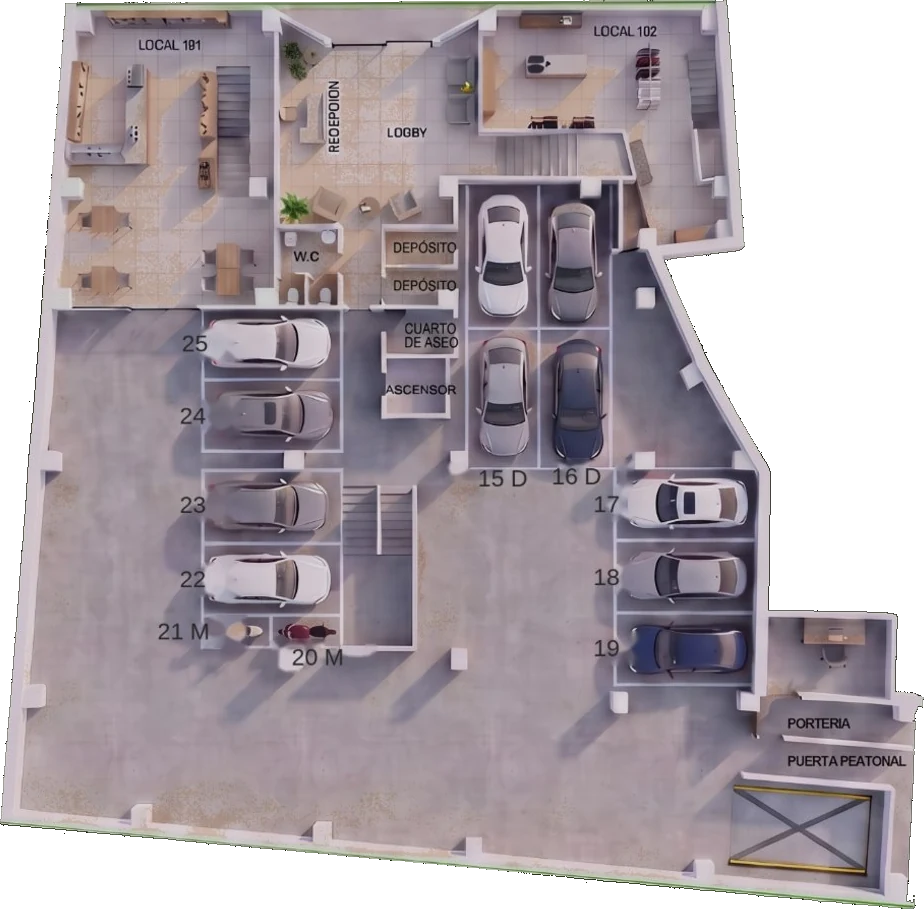 Planta del piso 1 de parqueaderos, 11 cupos, con recepción y locales