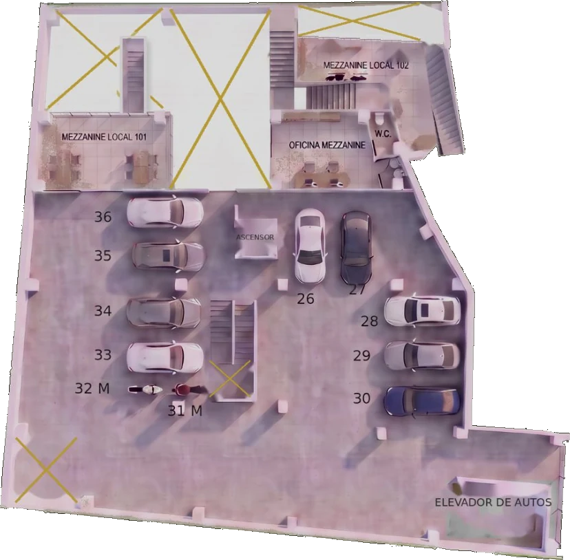 Planta del piso 2 de parqueaderos, 11 cupos, con los mezanines de los locales y la oficina