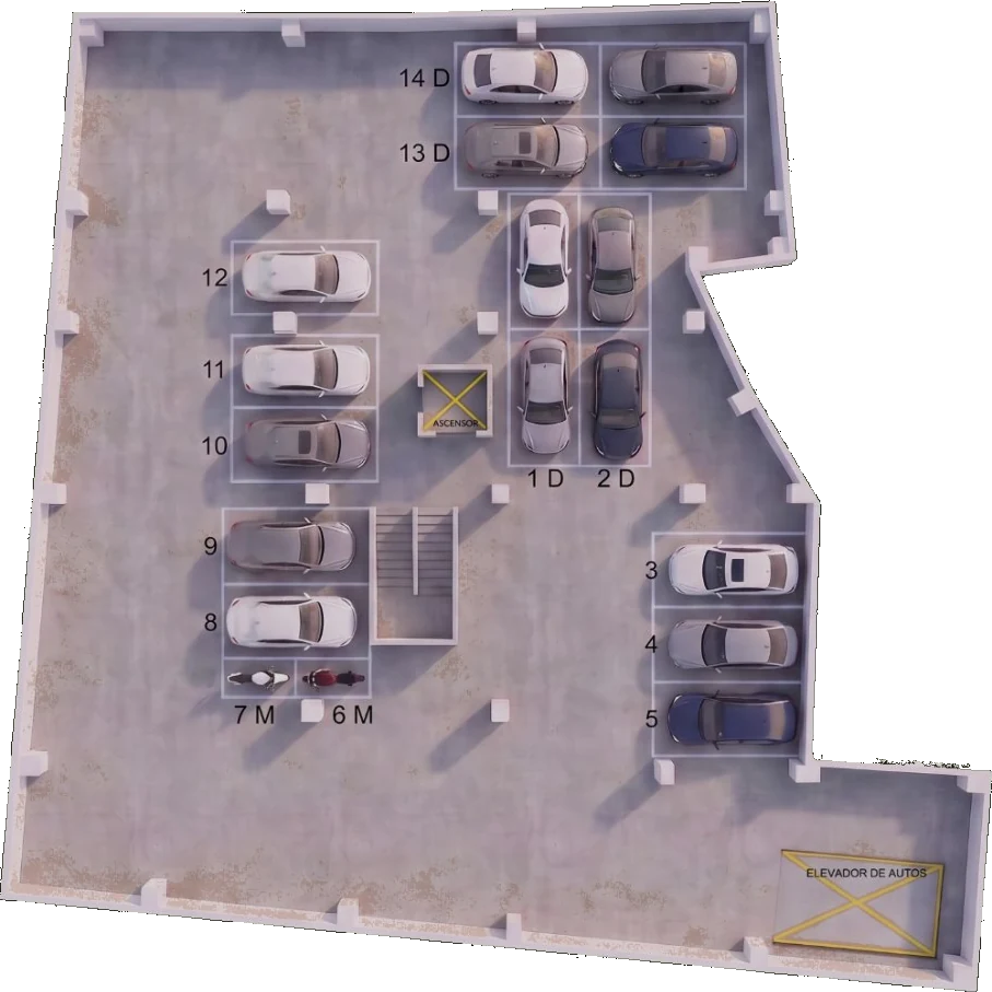 Planta del sótano de parqueaderos, 14 cupos