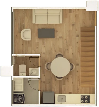 Plano del nivel 1 del apartamento Tipo D dúplex, 47,01 m²