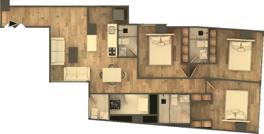 Plano del apartamento Tipo G de tres habitaciones, 86,14 m²
