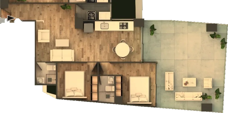 Plano del aparta-estudio Tipo H con terraza, 52,75 m²
